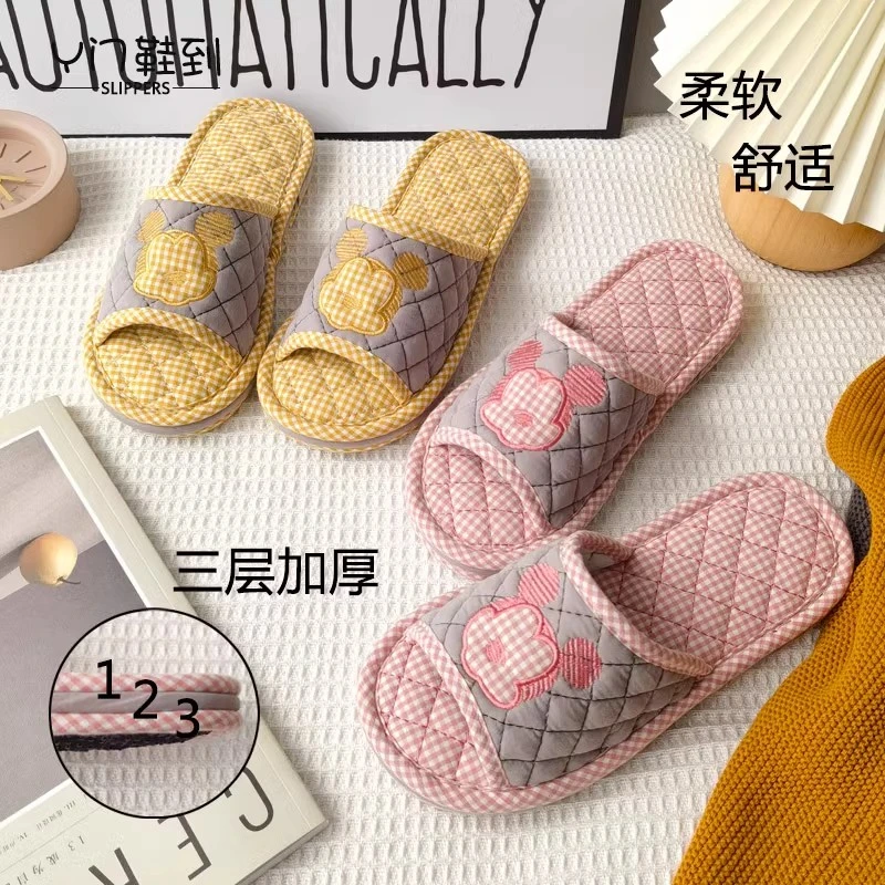 新款卡通米奇纯棉布艺情侣拖鞋春秋加厚三层软布底布拖鞋家居拖鞋