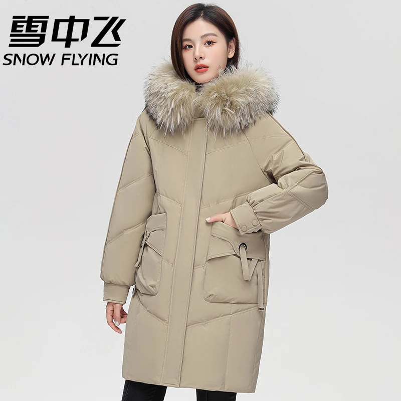 雪中飞2024冬季新款女士中长款貉子毛领连帽气质百搭保暖厚羽绒服
