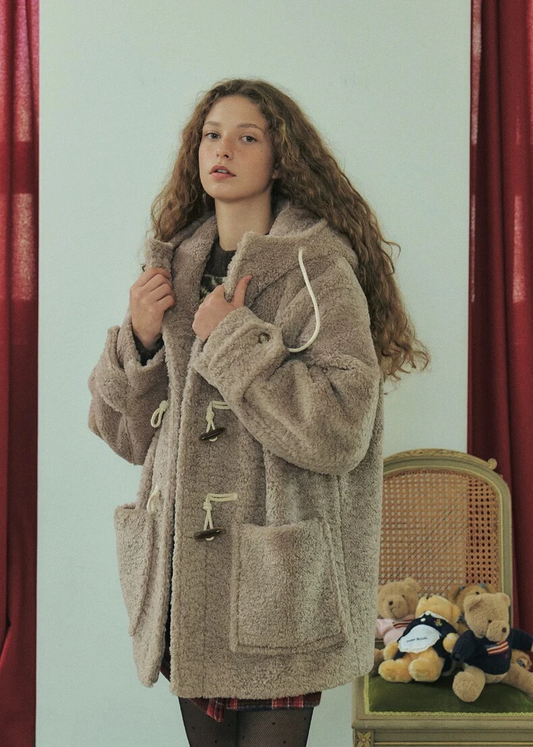 韩国设计师冬款羊.糕毛连帽宽松外套