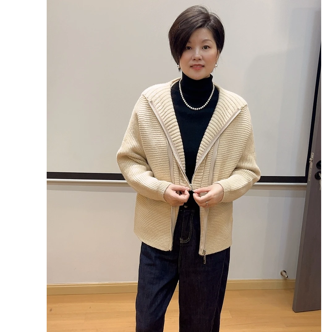 双层拉链外套秋冬女高级通勤休闲时尚大气帽衫纯色连帽百搭针织