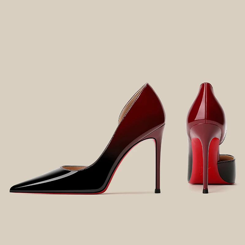 2024夏季新款侧空尖头漆皮高跟鞋女细跟气质名媛性感斩男黑色红底