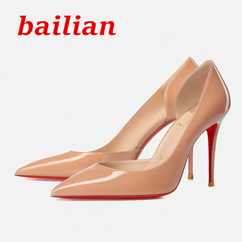 2024年新款红底鞋裸色高跟鞋女细跟尖头浅口气质漆皮职业侧空单鞋