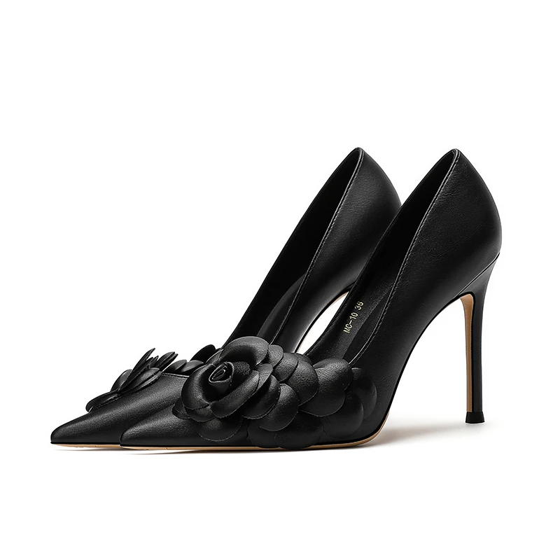 真皮黑色山茶花高跟鞋女2024新款法式尖头细跟设计感小众气质单鞋