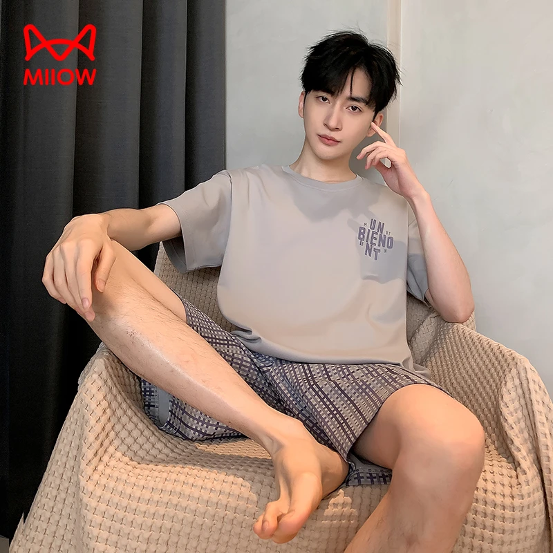 猫人男士睡衣夏季纯棉短袖短裤薄款休闲家居服夏天大码可外穿套装