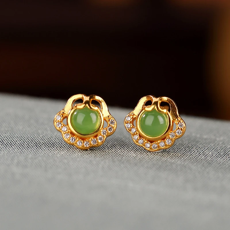 S925银镀金和田玉碧玉时尚镂空如意耳钉复古个性女士耳饰