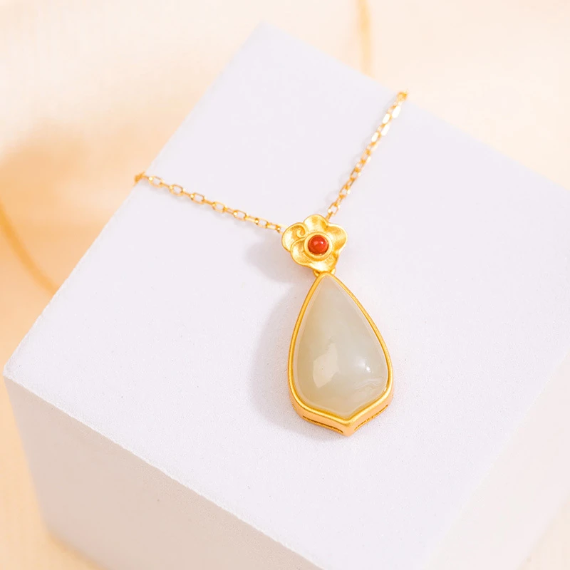 S925银项链镶嵌和田玉时尚菱形祥云水滴吊坠项链女简约点缀