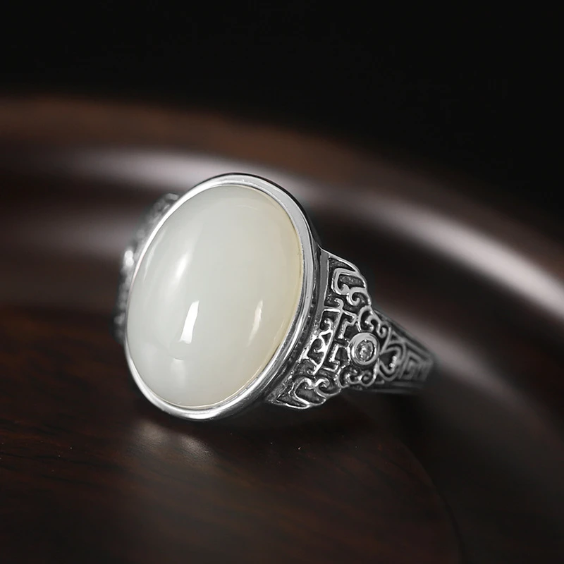 S925银复古做旧祥云纹理戒指女戒指中性宫廷锁镶嵌指环工艺