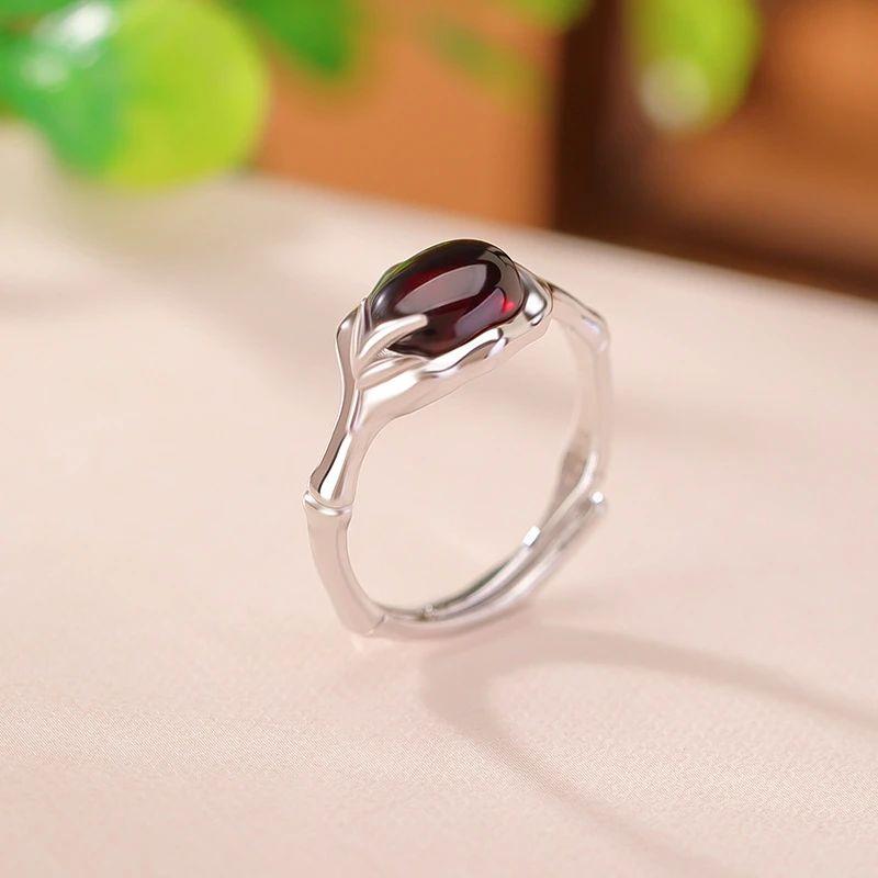 S925银戒指镶嵌血珀复古新中式节节高升竹叶竹节蛋面戒指气质指环