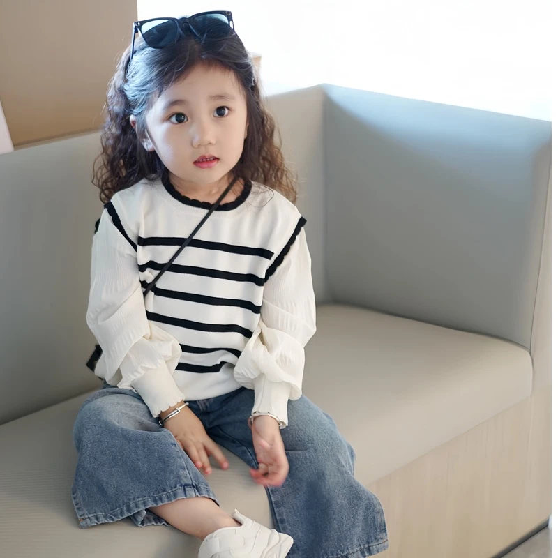 女童上衣爆款假两件洋气针织T恤衫女宝宝早春薄款条纹上衣高品质T