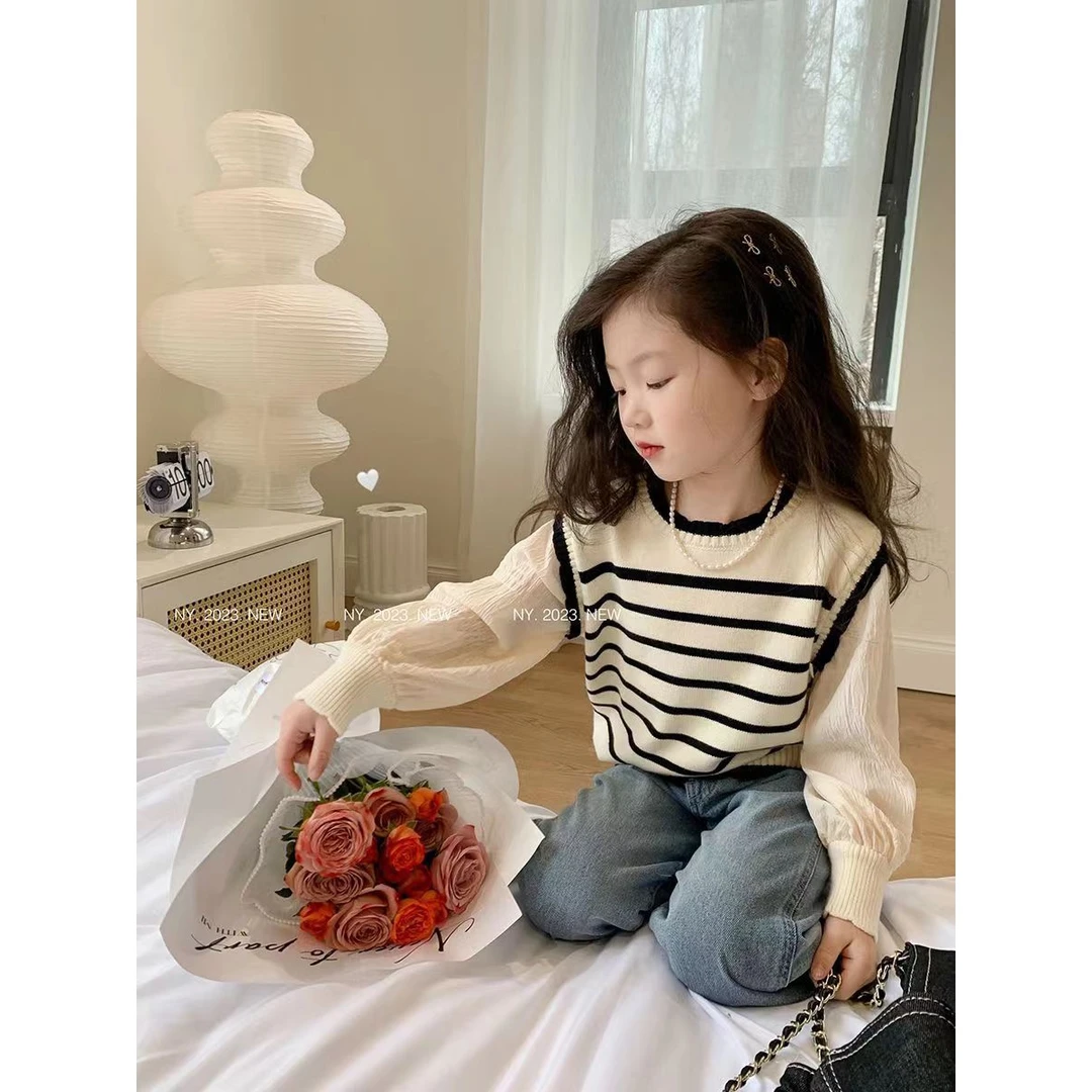 春季女童秋装甜美女孩条纹针织衫洋气中大童韩版上衣春秋儿童毛衣