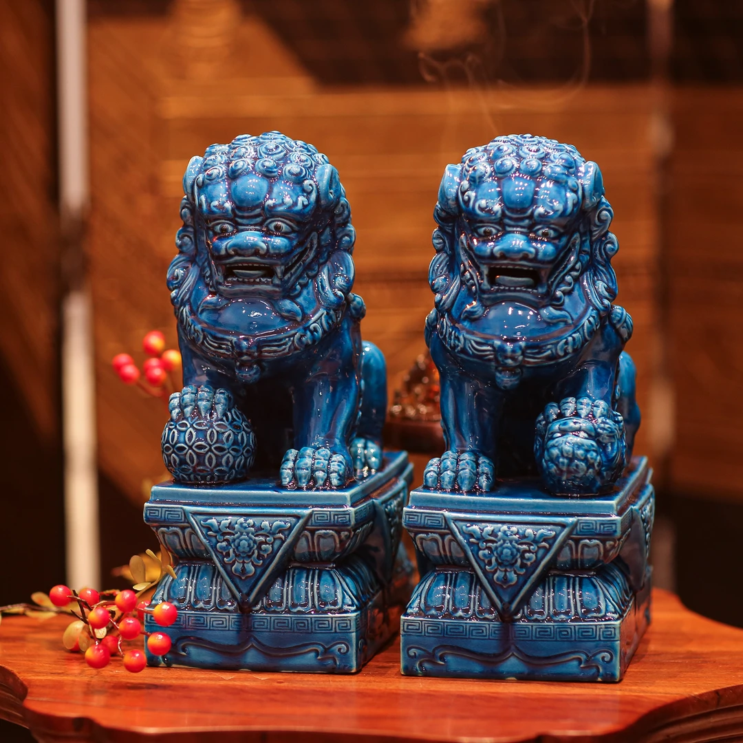 【BENNY本尼家】LS7孔雀蓝天安门坐狮陶瓷瑞兽客厅玄关摆件