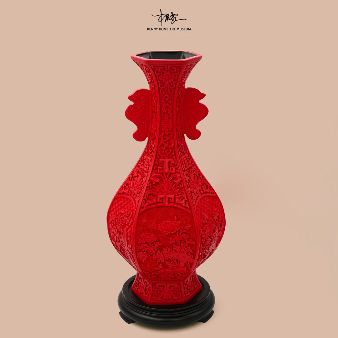【BENNY本尼家】 中国扬州漆器剔红雕漆花瓶家居装饰品桌面玄关摆件