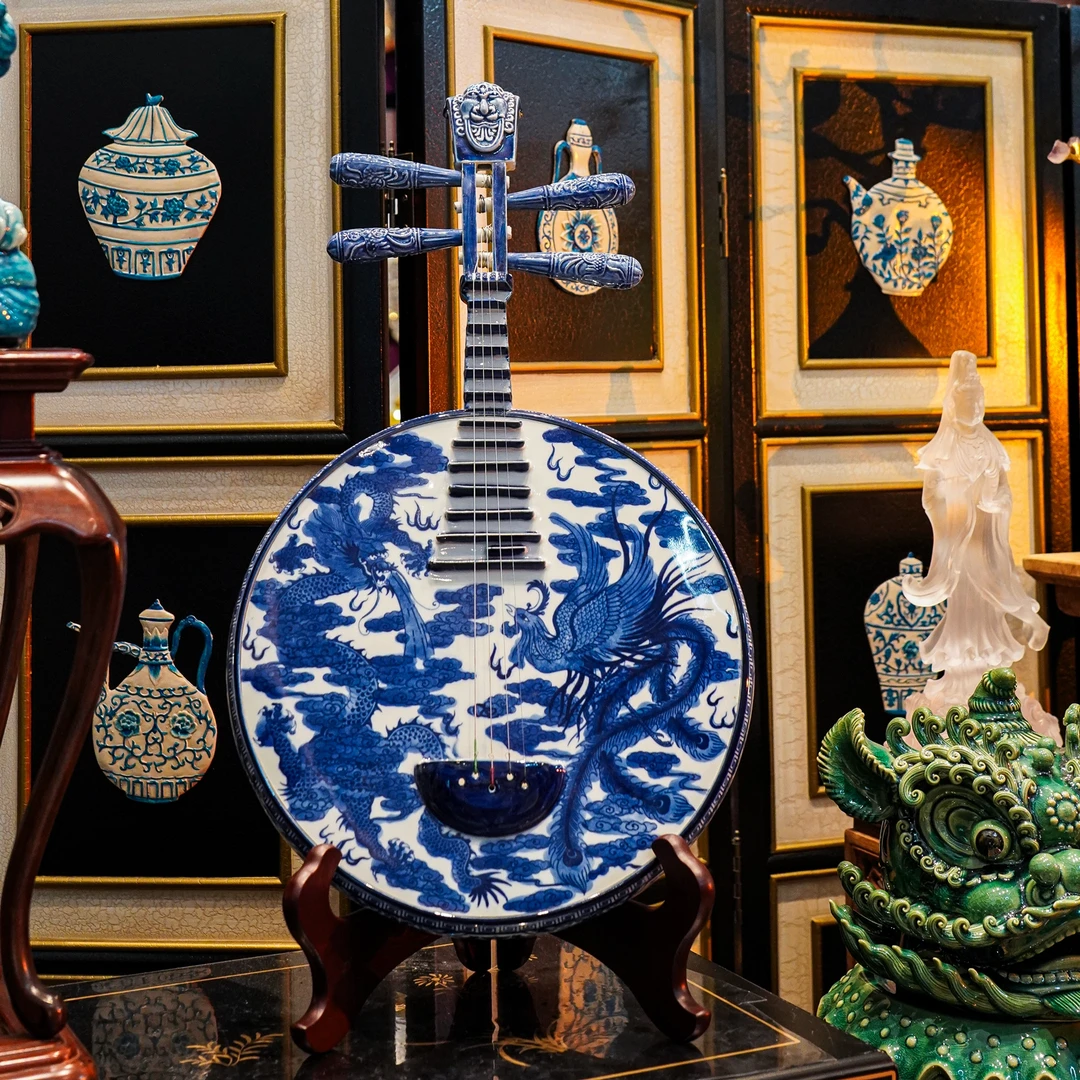 【本尼家】非遗好物青花陶瓷中阮乐器《龙凤呈祥》中式艺术玄关摆件