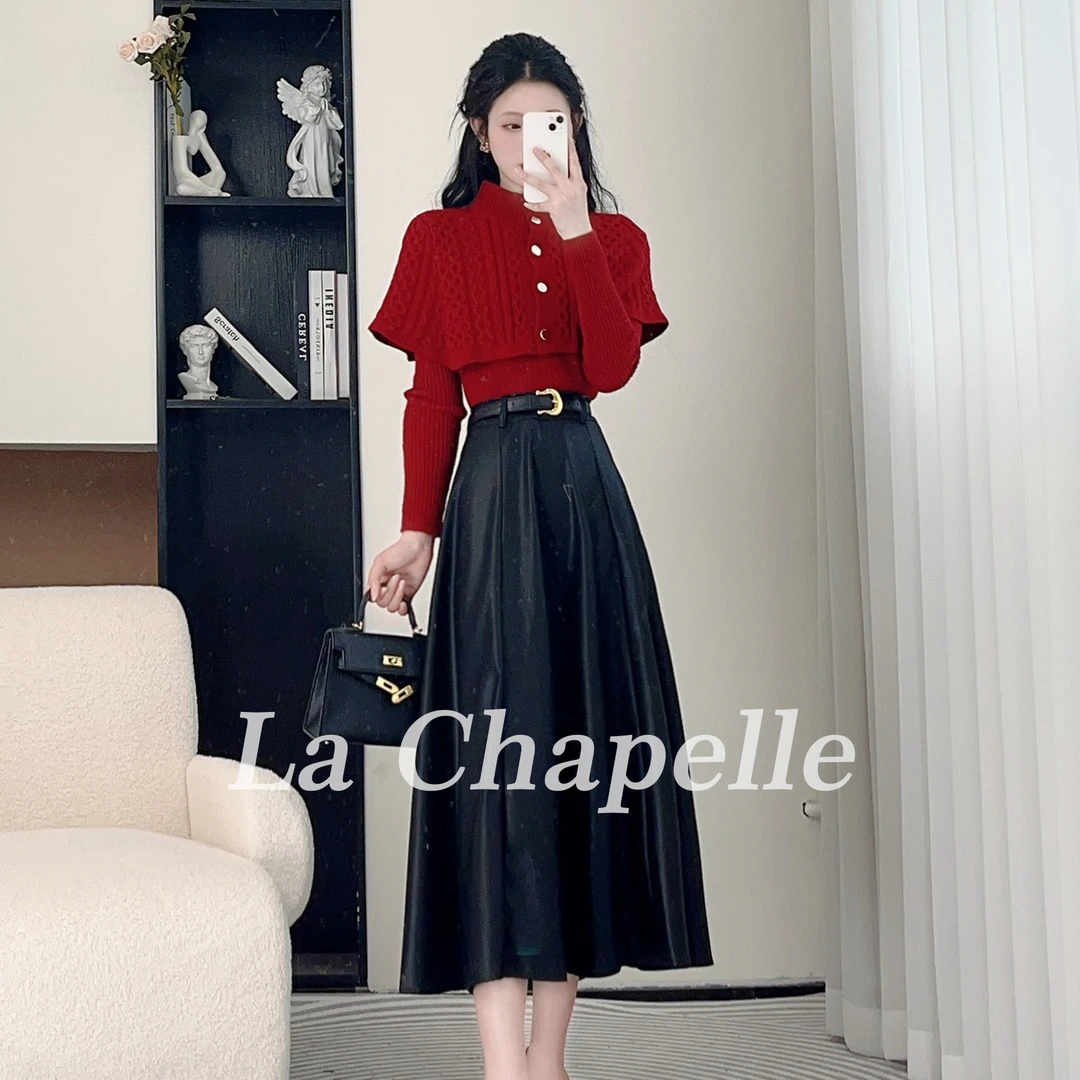 拉夏贝尔25秋季新款法式红色气质设计感上衣+半裙 10163 LSC