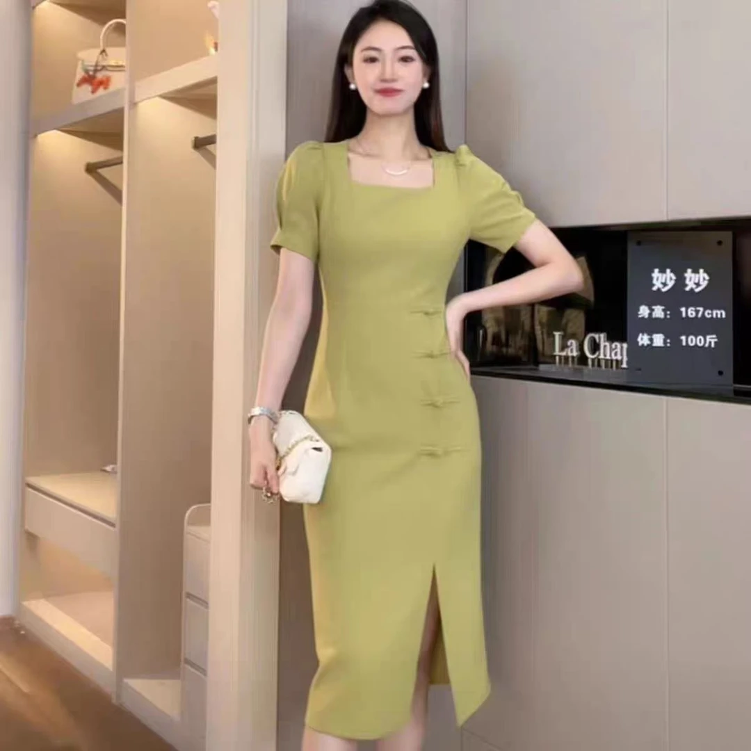 拉夏贝尔25款国风时尚显瘦收腰盘扣开叉连衣裙现货清仓 8458 BQC