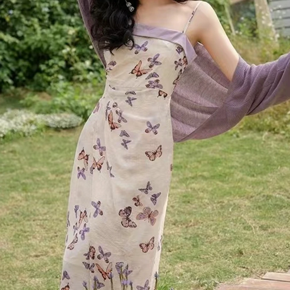 拉夏贝尔24现货夏季新时尚清凉风感波粒显瘦开衫+吊带裙 2252 LSC