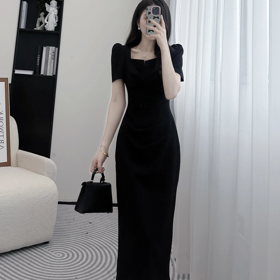拉夏贝尔24现货夏季新风感波粒时尚清凉收腰显瘦长小黑裙1077 WHD