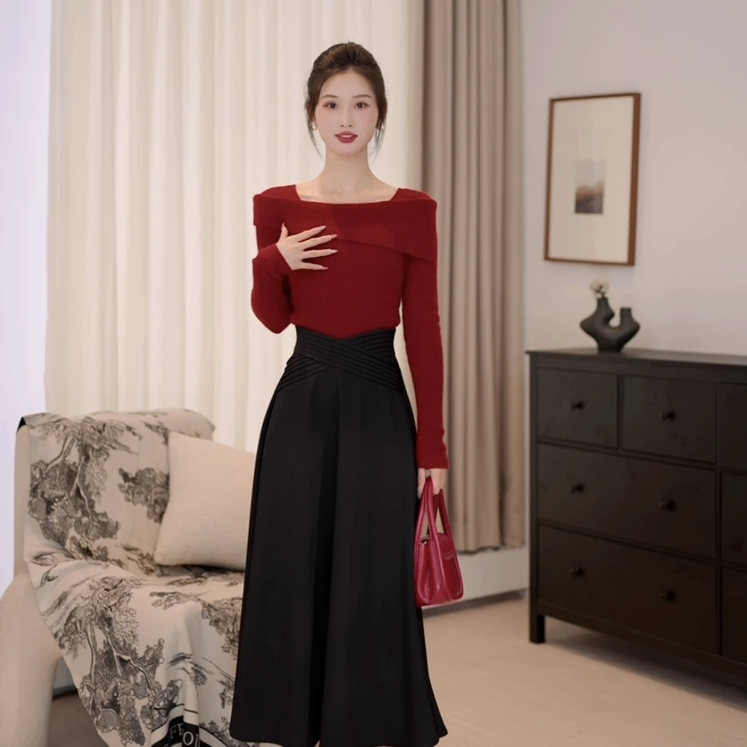 拉夏贝尔/25年春季新款气质百搭打底羊毛针织毛衣+半裙 10127 XYZ