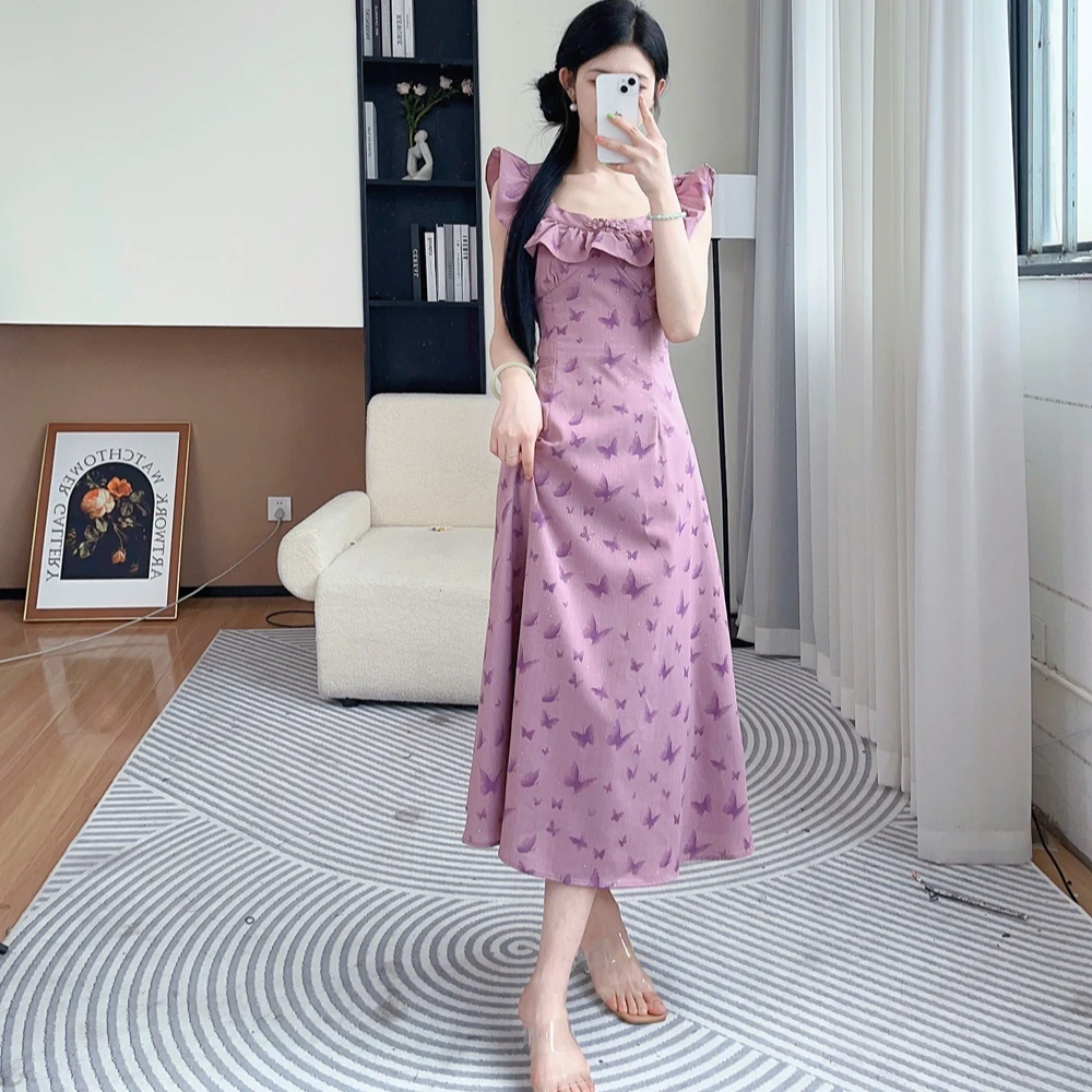 拉夏贝尔25现货清仓复古清凉收腰轻薄初恋中长款连衣裙1630 BQC