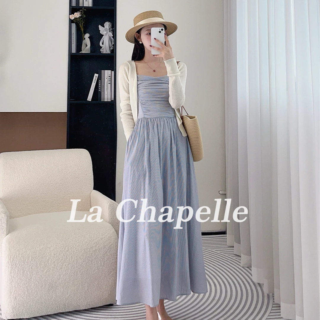 拉夏贝尔2024年夏季清仓风感波粒条纹设计感开衫+吊带裙 2666 BQC