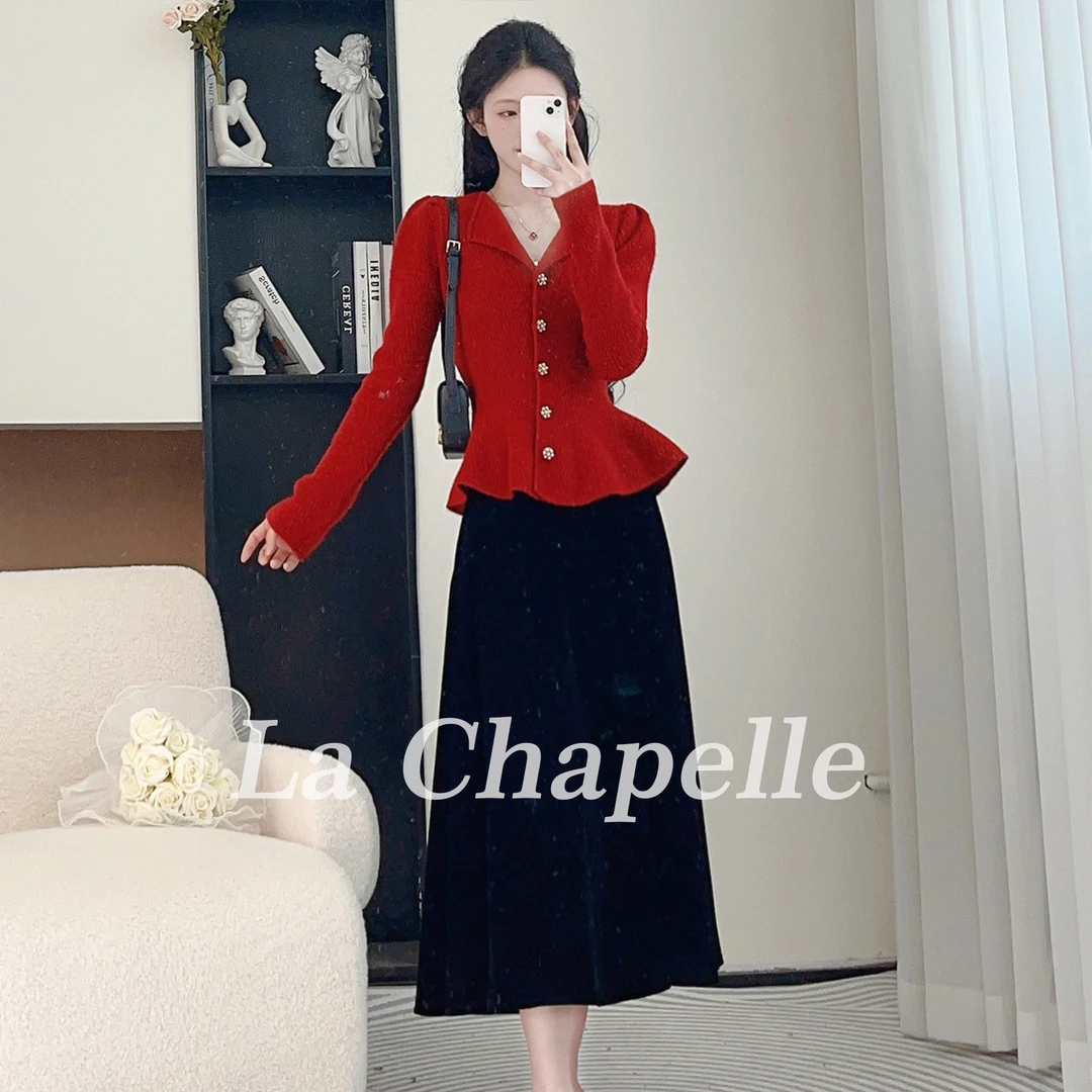 拉夏贝尔25现货秋新法式复古气质设计感上衣+半裙 10158 LSC