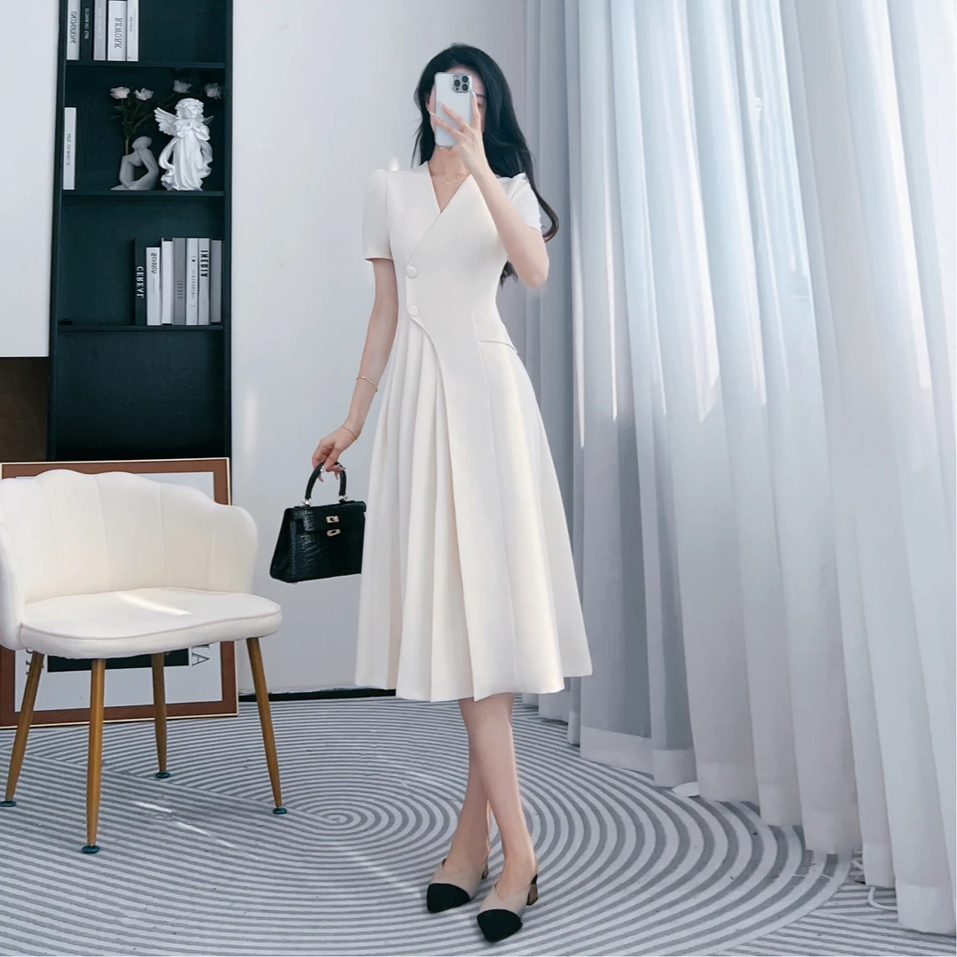 拉夏贝尔25清凉时尚轻奢赫本收腰短袖连衣裙现货清仓 1623 BQC