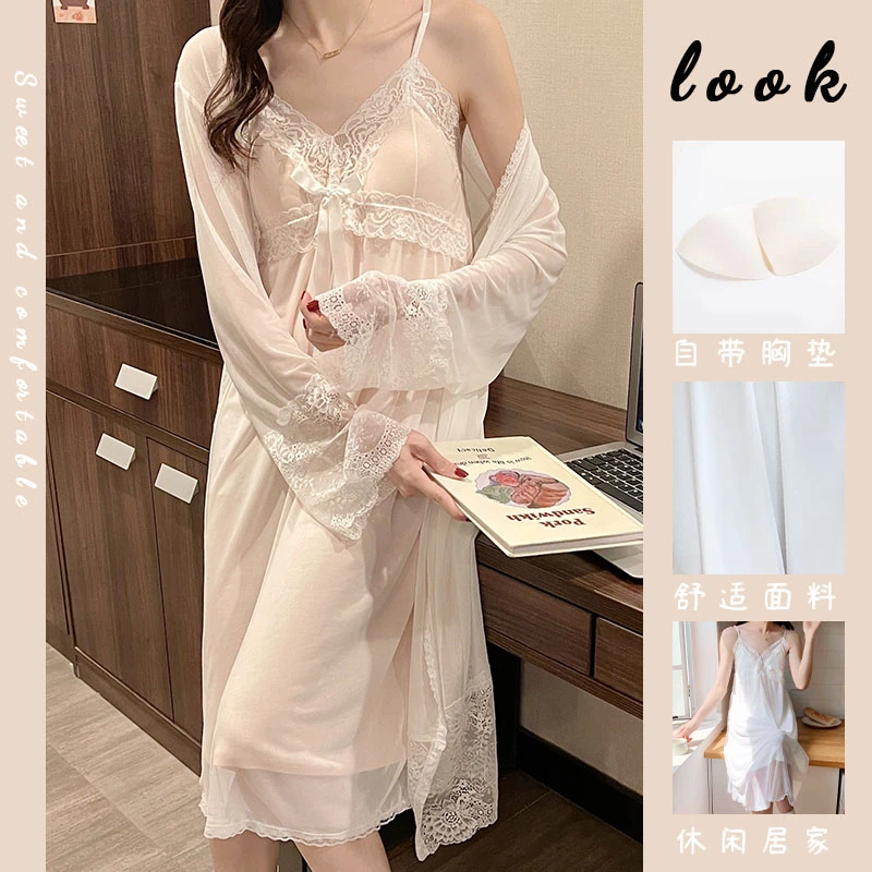 带胸垫吊带睡裙女夏季薄款网纱白色蕾丝纯欲风公主睡衣裙子家居服
