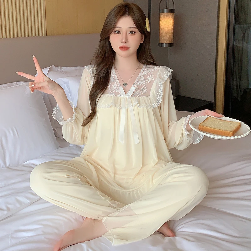 睡衣套装女爆款蕾丝网纱双层大码长袖轻奢甜美睡裙春秋冬季家居服