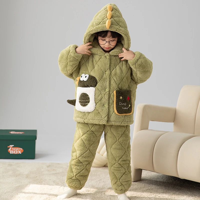 儿童睡衣男童冬季三层夹棉加绒加厚法兰绒中大童男孩家居服套装冬