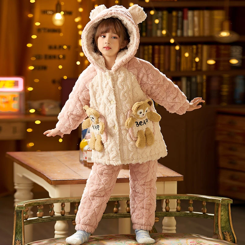 女童睡衣儿童家居服三层夹棉秋冬法兰绒加绒加厚珊瑚绒小女孩套装