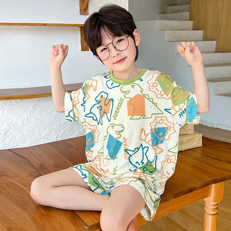 莫代尔儿童睡衣男童夏季薄款短袖家居服套装男孩夏天中大童两件套