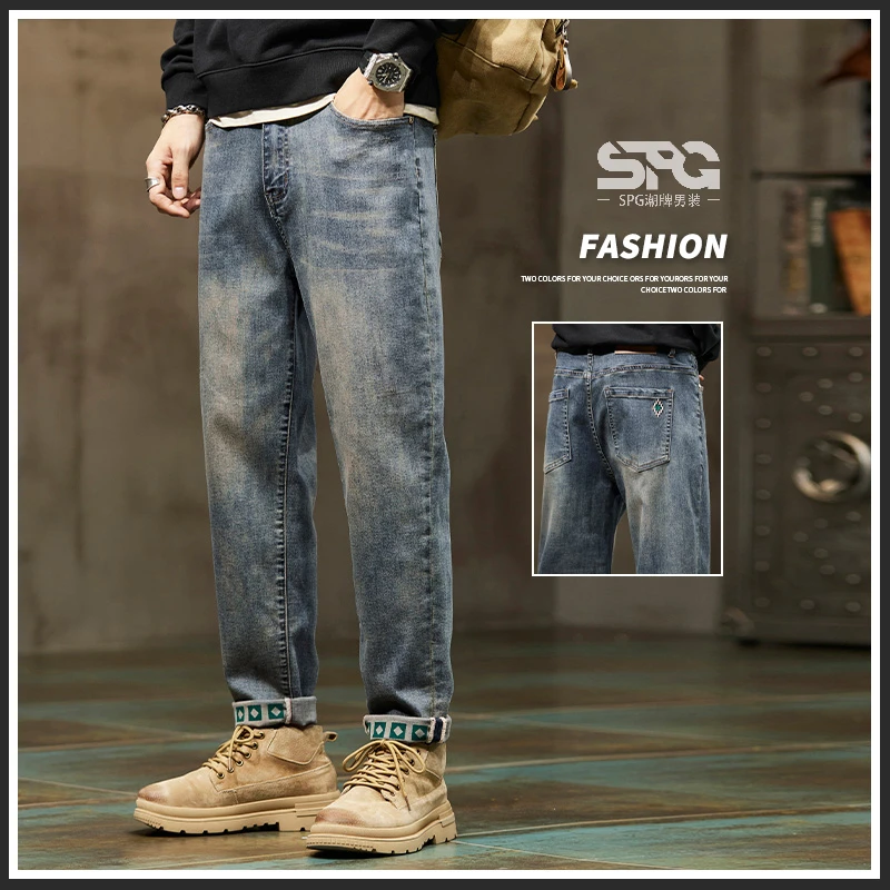 SPG男士直筒牛仔裤2024新款宽松水洗复古时尚蓝色百搭休闲长裤潮