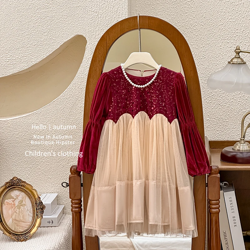 【HM】女童连衣裙2024冬季新款洋气宝宝加绒生日礼服儿童韩版公主裙