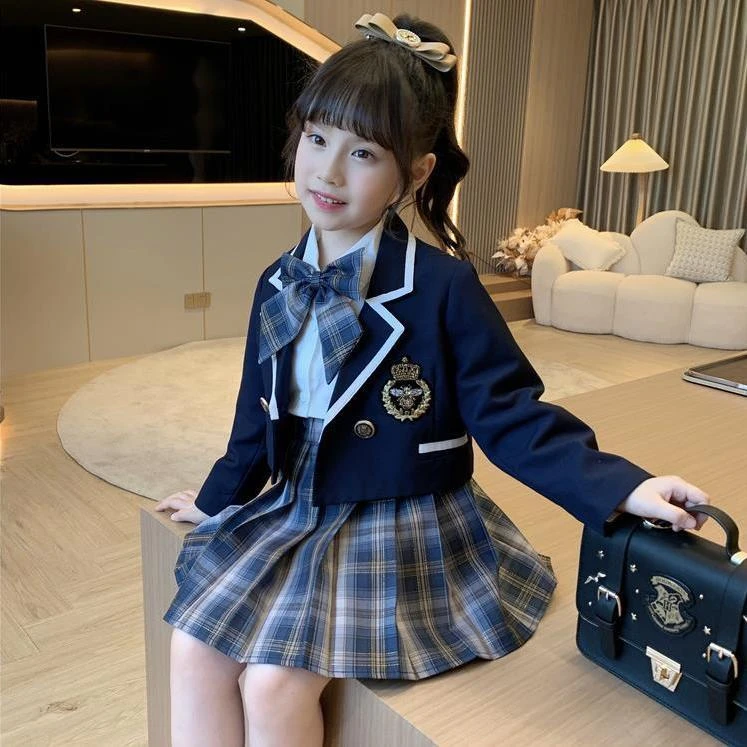 女童秋款学院风套装2024新款中小童西装外套衬衫百褶裙儿童校制服