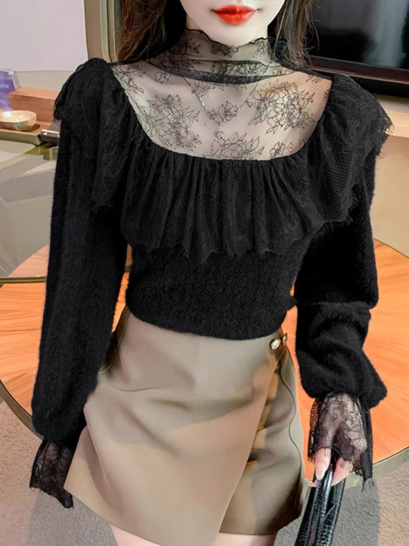 蕾丝拼接水貂绒衬衫法式上衣早秋冬季2024新款女打底衫长袖黑色