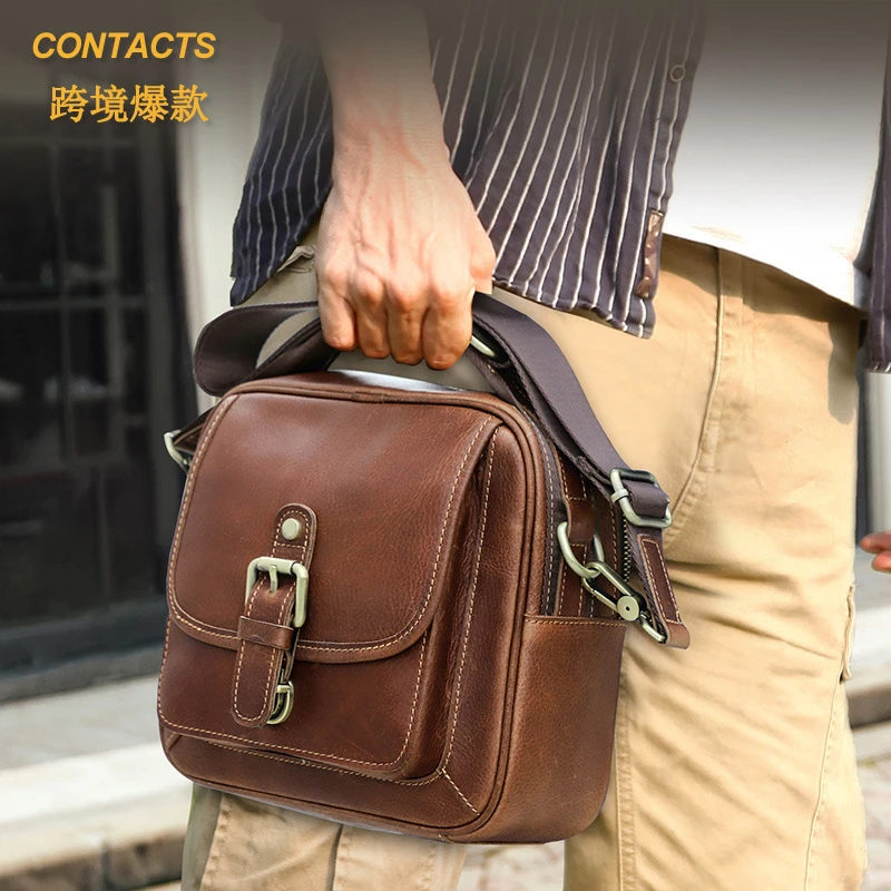 黑天使头层牛皮潮牌男士包包时尚真皮皮包轻奢男款单肩斜挎包男包