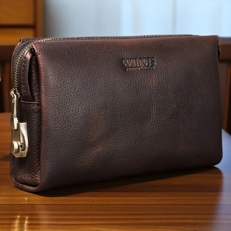 双11黑天使头层牛皮时尚男士手拿包防盗密码锁休闲男式真皮收纳包