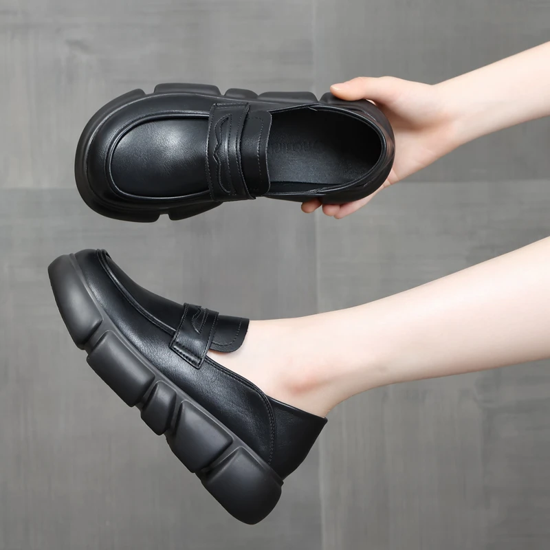 真皮单鞋脚蹬软底新款防滑厚底乐福鞋英伦舒适百搭松糕皮鞋42大码