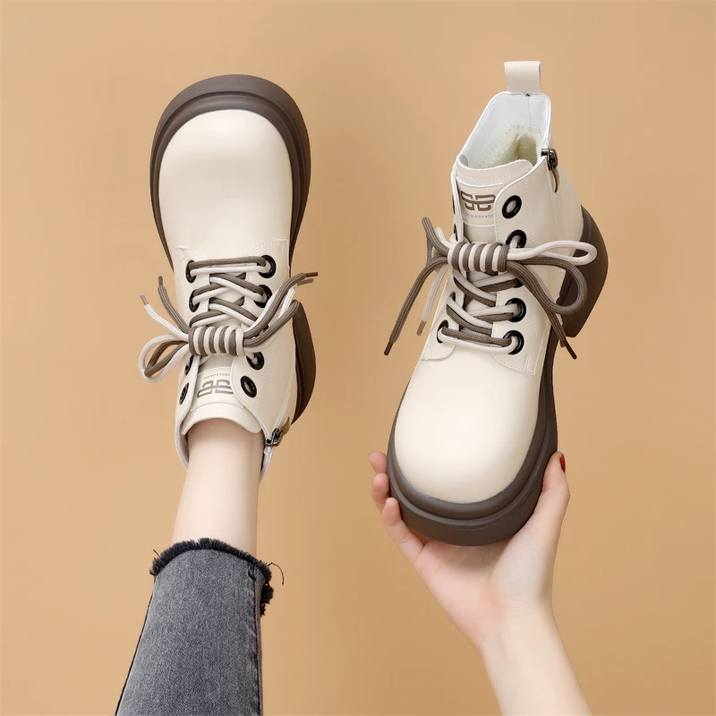 秋冬单靴百搭白色圆头时尚加绒系带短靴2024新款防滑轻便马丁靴子