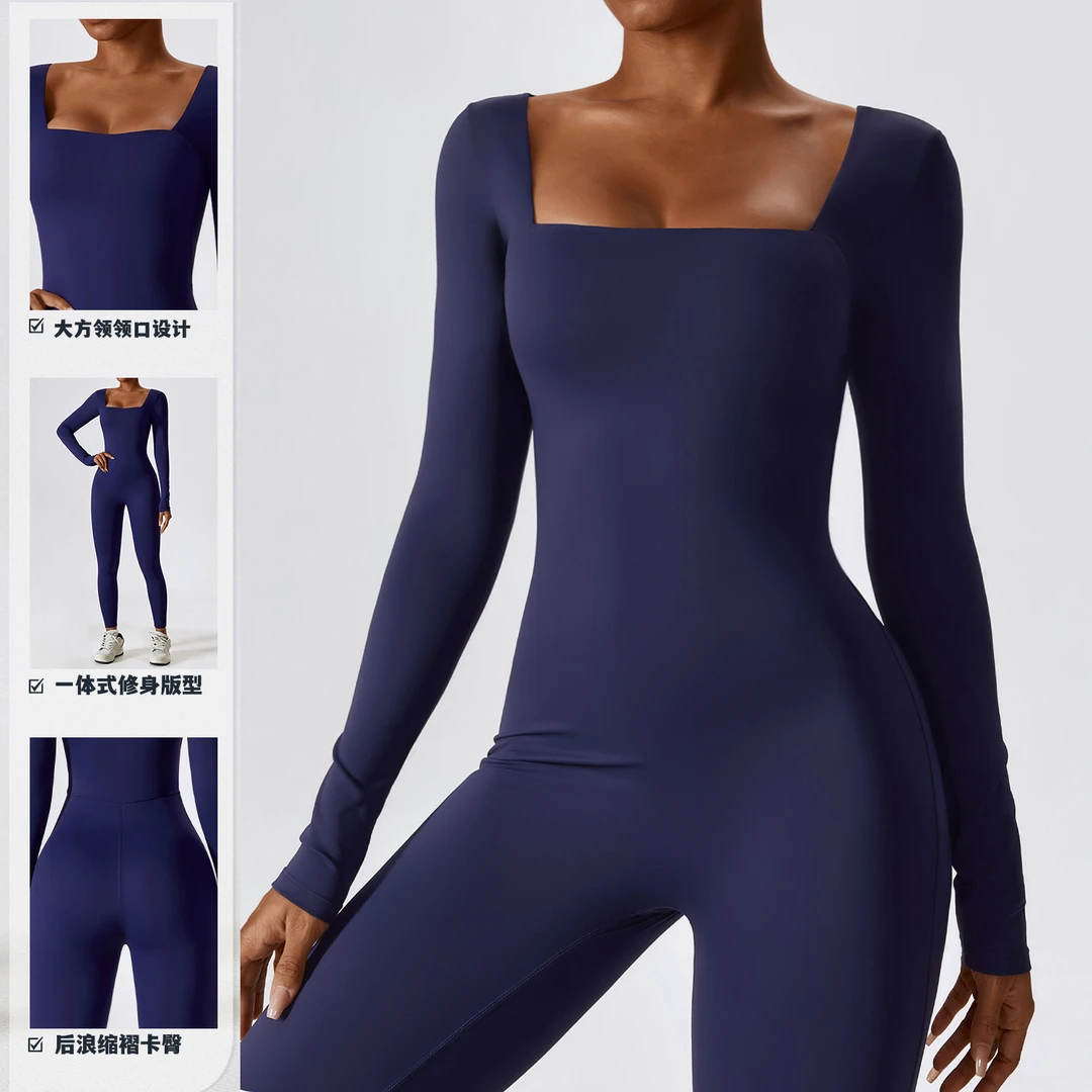 欧美秋冬紧身长袖瑜伽服女裸感健身运动速干方领瑜伽连体服女8150