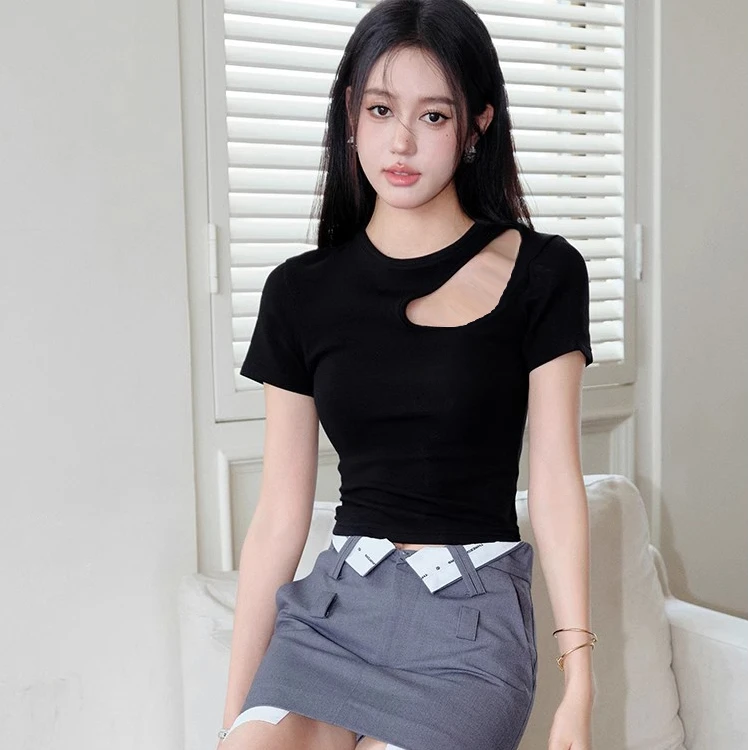 高考毕业季t恤辣妹短款夏季黑色小众修身显瘦高腰紧身不规则镂空