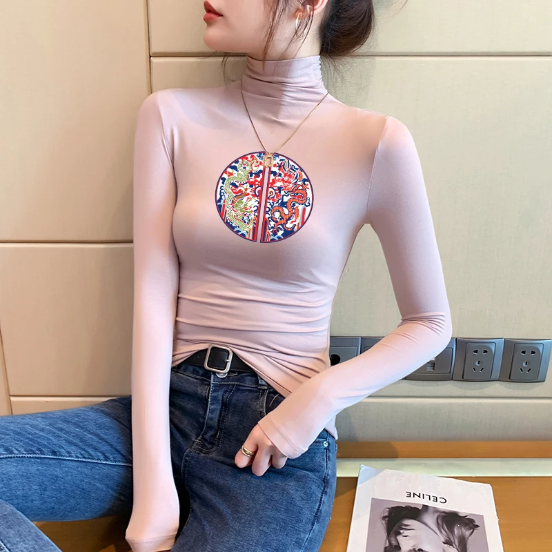 新中式莫代尔高领打底衫女秋季长袖T恤修身内搭显瘦内搭女打底衫