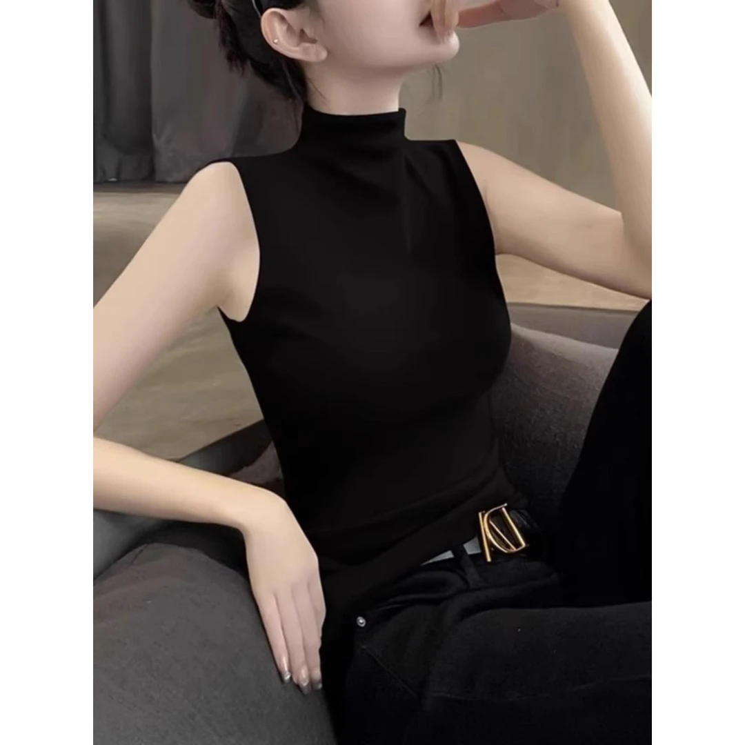 半高领无袖女外穿美背西装内搭百搭美式中领螺纹削肩正肩上衣