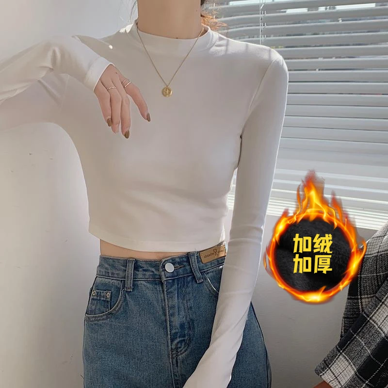 高腰短款加绒打底衫T恤2023春秋冬新款小心机内搭上衣女冬加绒