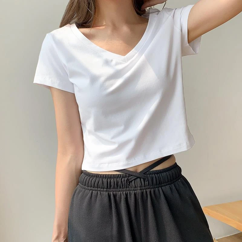 v领短袖t恤女韩系小心机设计感高腰露脐修身上衣宽松体恤95棉夏季