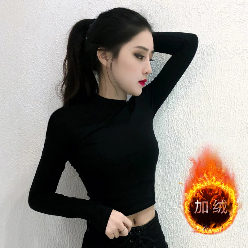 辣妹小立领黑色T恤加厚加绒长袖打底衫短款内搭露脐紧身秋季上衣