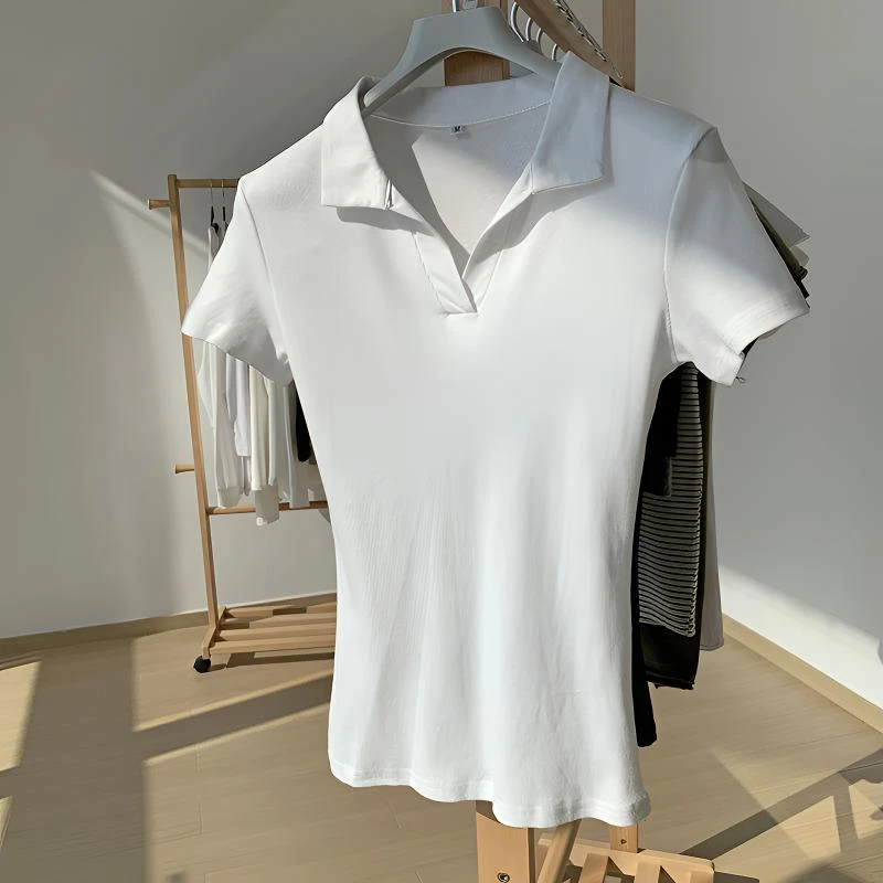 正肩polo衫短袖T恤女士2024新款翻领白色螺纹设计感打底上衣夏季