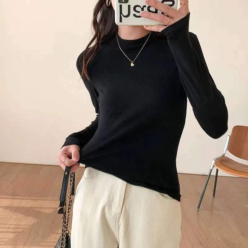 2023秋冬新款小领螺纹长袖t恤打底衫女修身显瘦上衣春秋款纯色ins