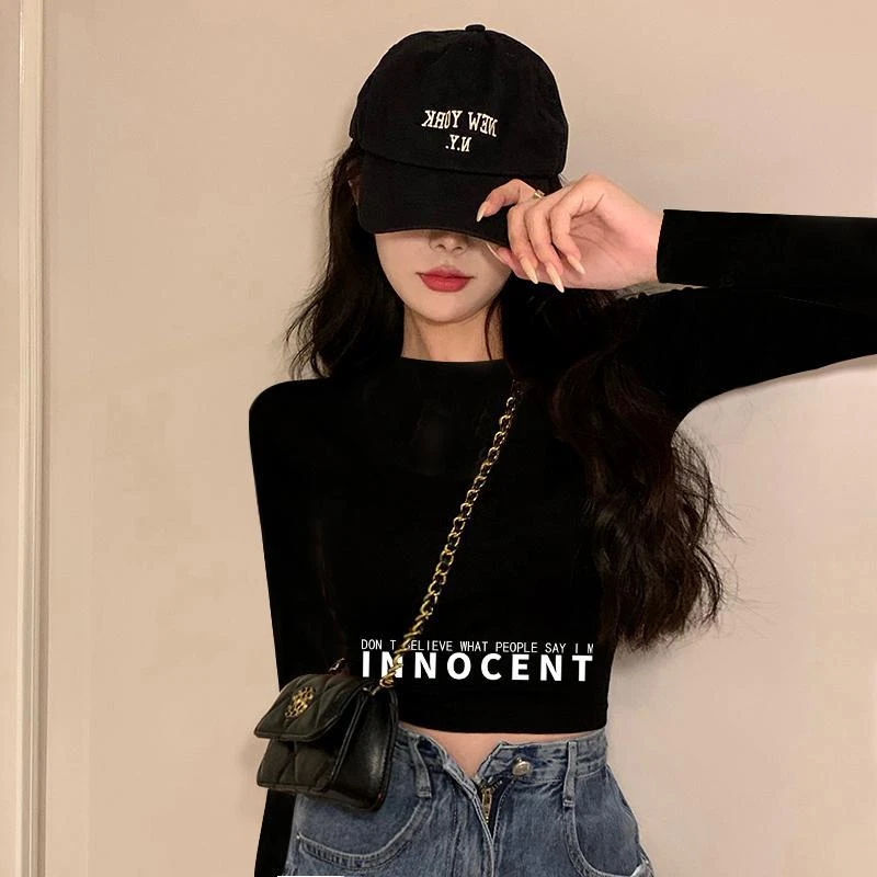 新品春夏露脐显瘦T恤白色夏季印花小高领小众百搭时尚短款长袖T恤