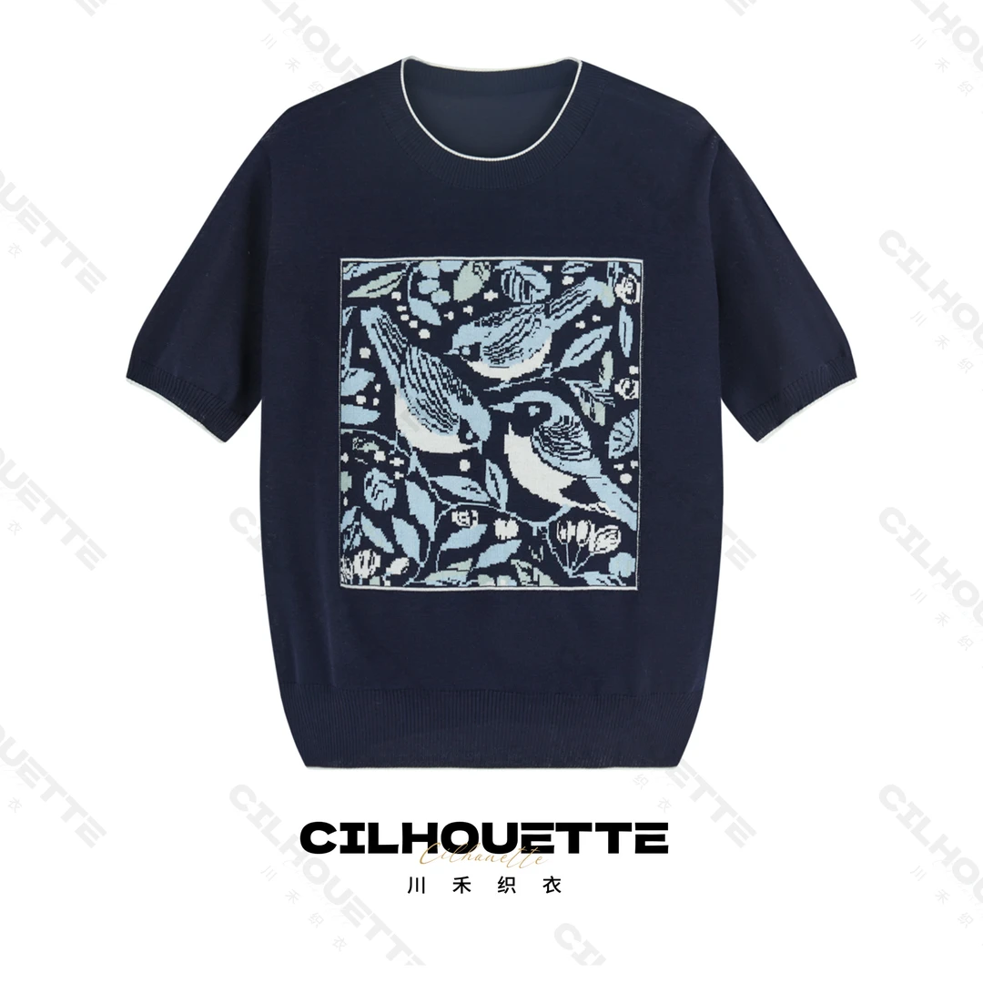 川禾织衣 夏季喜鹊提花圆领天丝桑蚕丝短袖T恤显瘦打底针织衫上衣